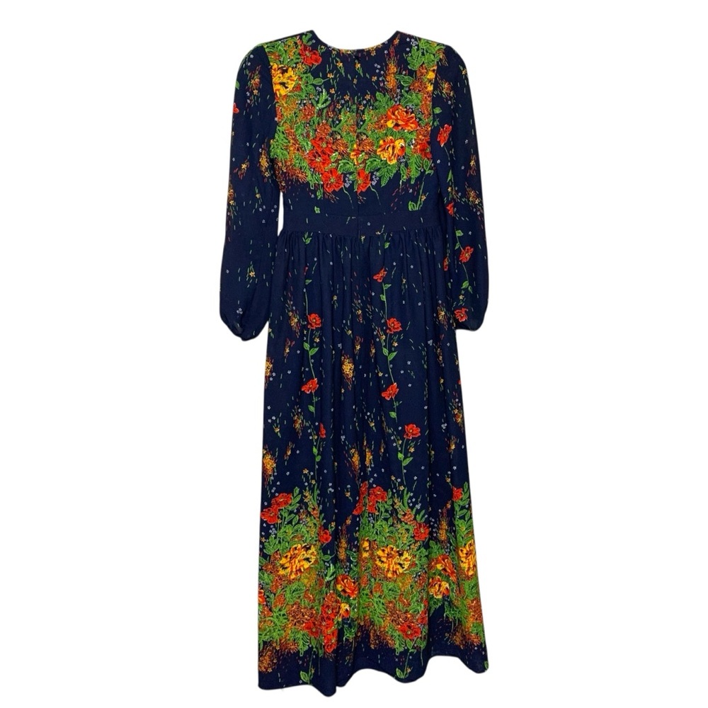 Vintage 70s Floral Maxi Dress Blue Colorful Sz 8 Sheer Long Sleeve Elegant Gown - Picture 6 of 16
